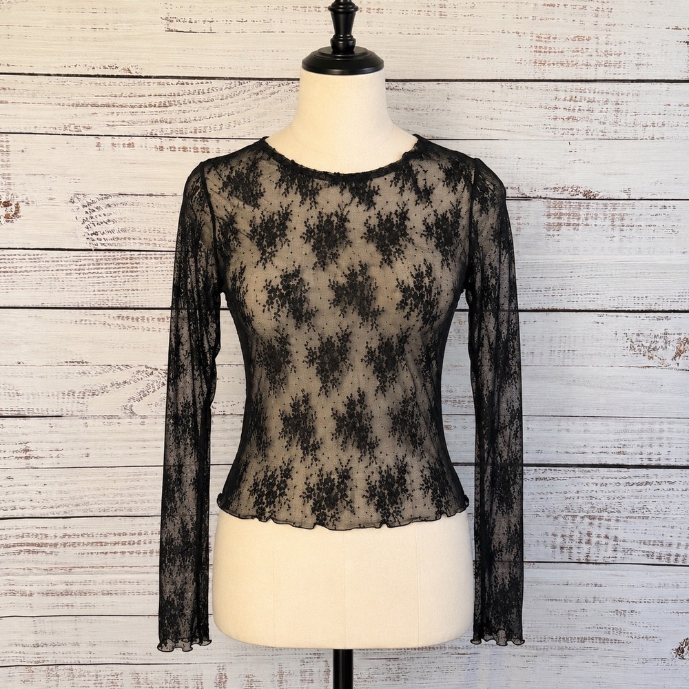 No Comment Black Floral Lace Sheer Mesh Long Sleeve Top RK332244 Womens Large